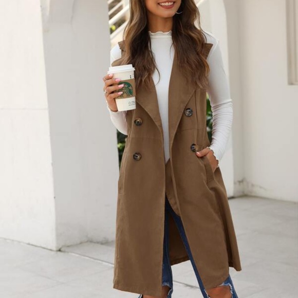 Classic Camel Tan Waterfall Pocket Long Vest Winter - Picture 8 of 13